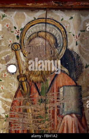 Painted Saint on the Rood Screen defaced by iconoclasts, Saint James the Great much defaced; St Michael's Church, Irstead, Norfolk Stock Photo
