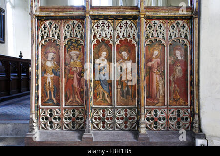 Painted saints and angels on the rood screen, Barton Turf Church, Norfolk. From L to R: Cherubim, Principalities, Thrones, Archa Stock Photo