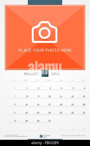 August 2016. Wall Monthly Calendar for 2016 Year. Vector Design Print Template with Place for Photo. Week Starts Sunday. Portrai Stock Vector