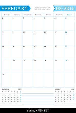 February 2016. Monthly Calendar Planner for 2016 Year. Vector Design Print Template with Place for Notes. Week Starts Monday. Po Stock Vector