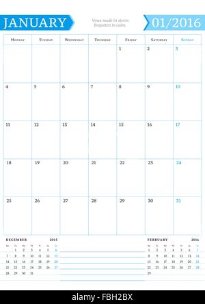 January 2016. Monthly Calendar Planner for 2016 Year. Vector Design Print Template with Place for Notes. Week Starts Monday. Por Stock Vector