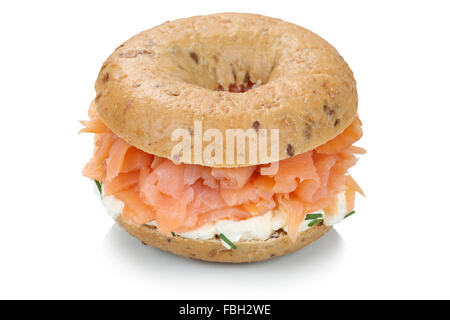 Bagel sandwich for breakfast with salmon fish isolated on a white background Stock Photo
