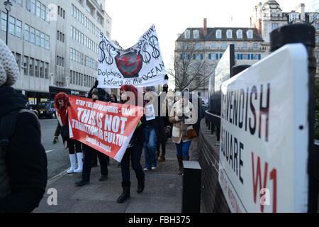 London, UK. 16th Jan, 2016. Protesters make their way to the Japanese Embassy via Cavendish Square, W1. Credit:  Marc Ward/ Alamy Live News Stock Photo