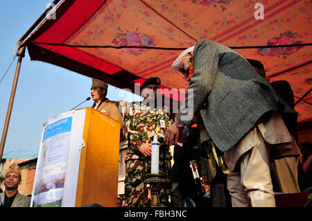 Kathmandu, Nepal. 16th Jan, 2016. Prime Minister of Nepal, Khadga Prasad Sharma officially inaugurates of national reconstruction program at Bungamati, Patan, Nepal on the 18th Earthquake Safety Day on January 16, 2016. This year's focus is on Safer Reconstruction for Safer Nepal. Credit:  Narayan Maharjan/Alamy Live News Stock Photo