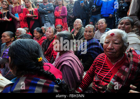 Kathmandu, Nepal. 16th Jan, 2016. Locals resident of Bungamati, attends on the inaugurates program of the national reconstruction program at Bungamati, Patan, Nepal on the 18th Earthquake Safety Day on January 16, 2016. This year's focus is on Safer Reconstruction for Safer Nepal. Credit:  Narayan Maharjan/Alamy Live News Stock Photo