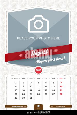 August 2016. Wall Monthly Calendar for 2016 Year. Vector Design Print Template with Place for Photo and Pattern Background. Week Stock Vector