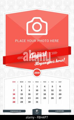 August 2016. Wall Monthly Calendar for 2016 Year. Vector Design Print Template with Place for Photo and Pattern Background. Week Stock Vector