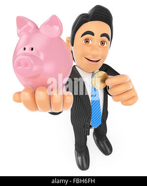 3d business people. Businessman putting a coin in a piggy bank. Concept of saving. Isolated white background. Stock Photo