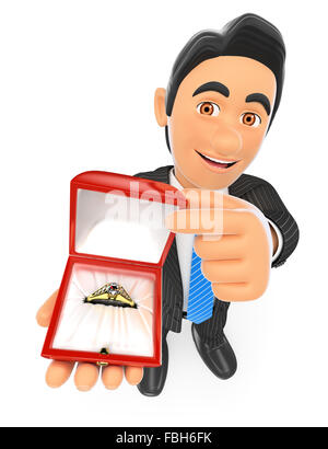 3d business people. Businessman giving an engagement ring. Love concept. Isolated white background. Stock Photo