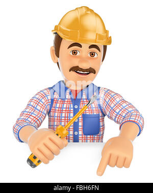 3d working people. Electrician with a screwdriver pointing down. Blank space. Isolated white background. Stock Photo