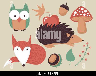 Cute autumn forest set with animals and plants Stock Vector