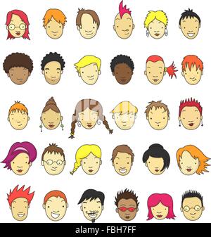 Set of 30 different cartoon faces for avatar. Stock Vector