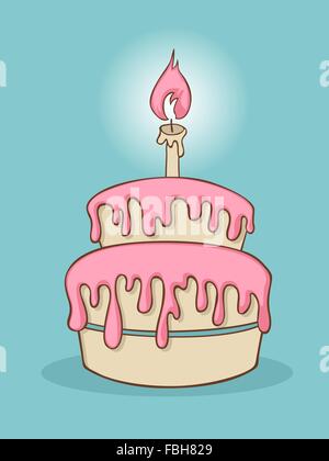 Cartoon birthday cake with one candle. Stock Vector