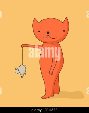 Cartoon cat holding a mouse by its tail. Stock Vector