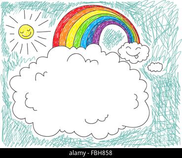 Cute childish background with clouds and rainbow, with space for your text Stock Vector