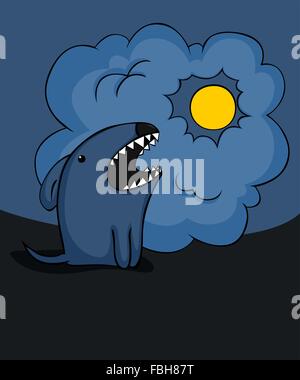 Spooky cartoon dog barking at the moon. Stock Vector