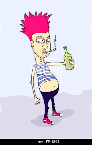 Funny illustration of a punk smoking and holding a bottle. Stock Vector