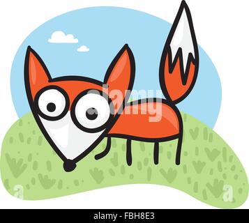 Cute cartoon fox on a green field Stock Vector