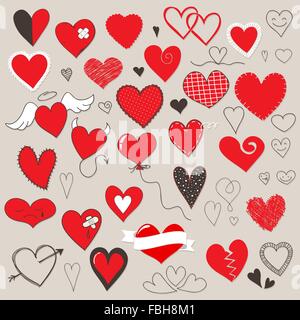 Collection of different heart symbols doodle Stock Vector