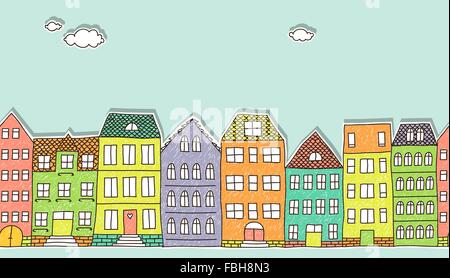 colorful cutout doodle houses, horizontal seamless pattern Stock Vector