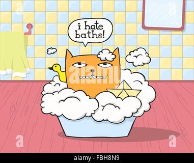 Grumpy cat sitting in a bathtub, with rubber ducky and paper boat saying I hate baths Stock Vector