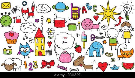 Collection of cute children's drawings of kids, animals, nature, objects Stock Vector
