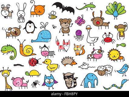 Cute children's drawing style animals collection Stock Vector