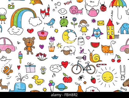 kid's drawing style seamless pattern of random kid's drawing style elements Stock Vector