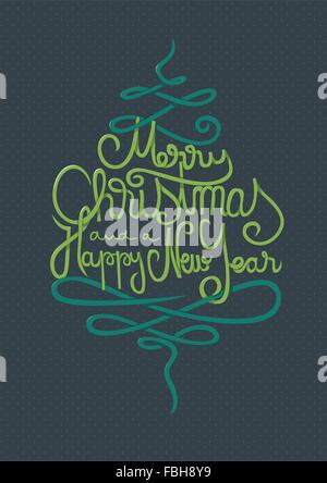 Merry Christmas and a Happy New Year Card with curly hand lettering Stock Vector