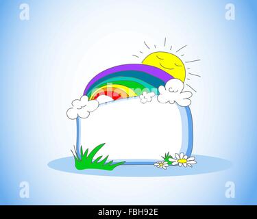 Childish frame with clouds, sun and rainbow. Stock Vector
