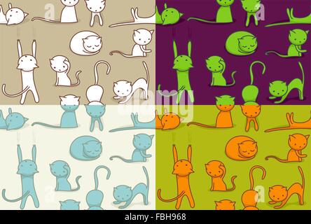 Seamless doodle cats pattern, four color versions. Stock Vector