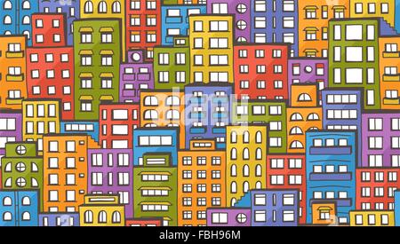 Seamless colorful urban pattern of doodle houses Stock Vector