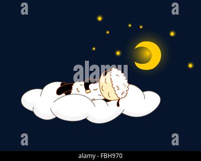 Cute kid in sheep costume sleeping on a cloud Stock Vector