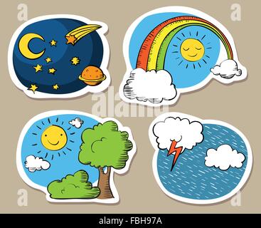 Set of cute cartoon skies, with sun, rainbow, rain and night sky. Stock Vector