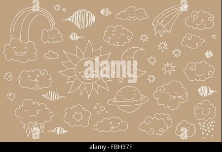 Cute sky doodle with clouds, sun, moon, planet, rainbow. Stock Vector