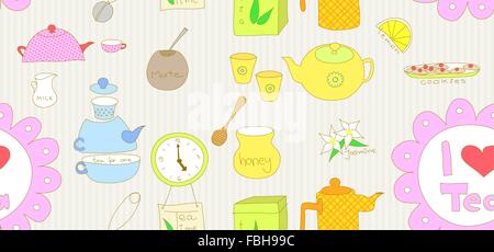 Seamless doodle with tea related elements. Stock Vector