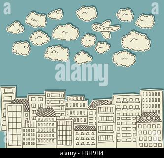 paper cutout doodle of a city with clouds and an airplane above Stock Vector