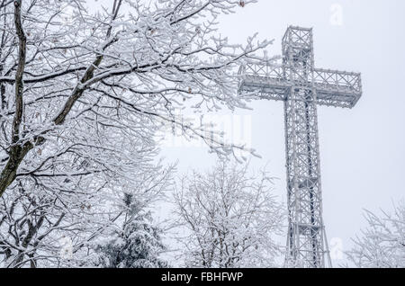 Montreal Mont-Royal Cross during snow storm, in Winter. Stock Photo