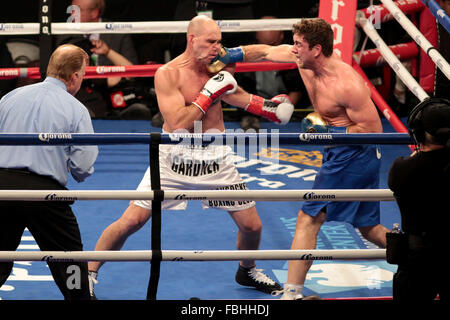 Brooklyn, New York, USA. 16th Jan, 2016. MIKE LEE (blue trunks) and JOSEPH GARDNER battle in a junior welterweight bout at the Barclays Center in Brooklyn, New York. Credit:  Joel Plummer/ZUMA Wire/Alamy Live News Stock Photo