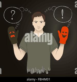 young man holding puppetry gloves with dramatic crying and laughing faces, and asking important questions Stock Vector