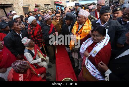 Kathmandu, Nepal. 16th Jan, 2016. Nepalese Prime Minister Khadga Prasad Sharma Oli arrives for the reconstruction inauguration at Bungamati in Lalitpur, Nepal, Jan. 16, 2016. Nepal on Saturday formally commenced the reconstruction process nearly nine months after the massive earthquake on April 25 last year. © Sunil Sharma/Xinhua/Alamy Live News Stock Photo