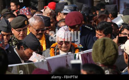 Kathmandu, Nepal. 16th Jan, 2016. Nepalese Prime Minister Khadga Prasad Sharma Oli (C) arrives for the reconstruction inauguration at Bungamati in Lalitpur, Nepal, Jan. 16, 2016. Nepal on Saturday formally commenced the reconstruction process nearly nine months after the massive earthquake on April 25 last year. © Sunil Sharma/Xinhua/Alamy Live News Stock Photo
