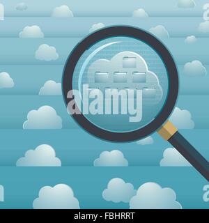 sky computing concept, with stratified sky, clouds and a loupe showing folder structure Stock Vector