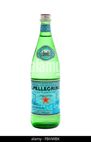 Bottle of San Pellegrino mineral water. San Pellegrino is an Italian brand of mineral water produce Stock Photo