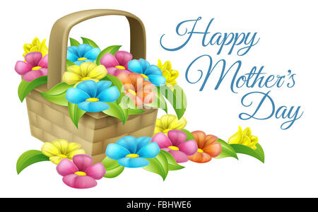 A beautiful floral gift basket full of flowers with text reading Happy Mothers Day Stock Photo