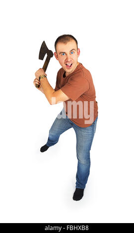 Young man with ax isolated on white background Stock Photo