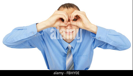 Closeup portrait of businessman looking to camera with binoculars from arms isolated on white background Stock Photo