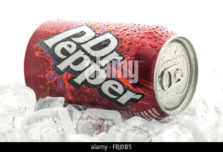 Can of Dr Pepper on a bed of ice over a white background, The drink was created in the 1880s Stock Photo