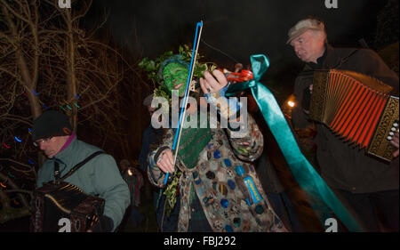 Essex, UK. 16th Jan, 2016. Wassailing for the first time in Clarence House conservation garden, Thaxted Essex, England. 16 January 2016 The orchard-visiting wassail refers to the ancient custom of visiting orchards in cider-producing regions of England, reciting incantations and singing to the trees to promote a good harvest for the coming year. Credit:  BRIAN HARRIS/Alamy Live News Stock Photo