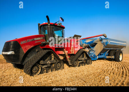 Case track tractor pulling a grain cart being loaded by a combine during harvest in the Palouse region of Washington Stock Photo